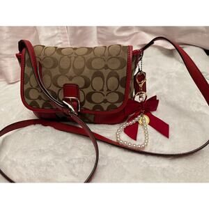 Coach F30601 Signature Jacquard Crossbody – Red Leather Trim